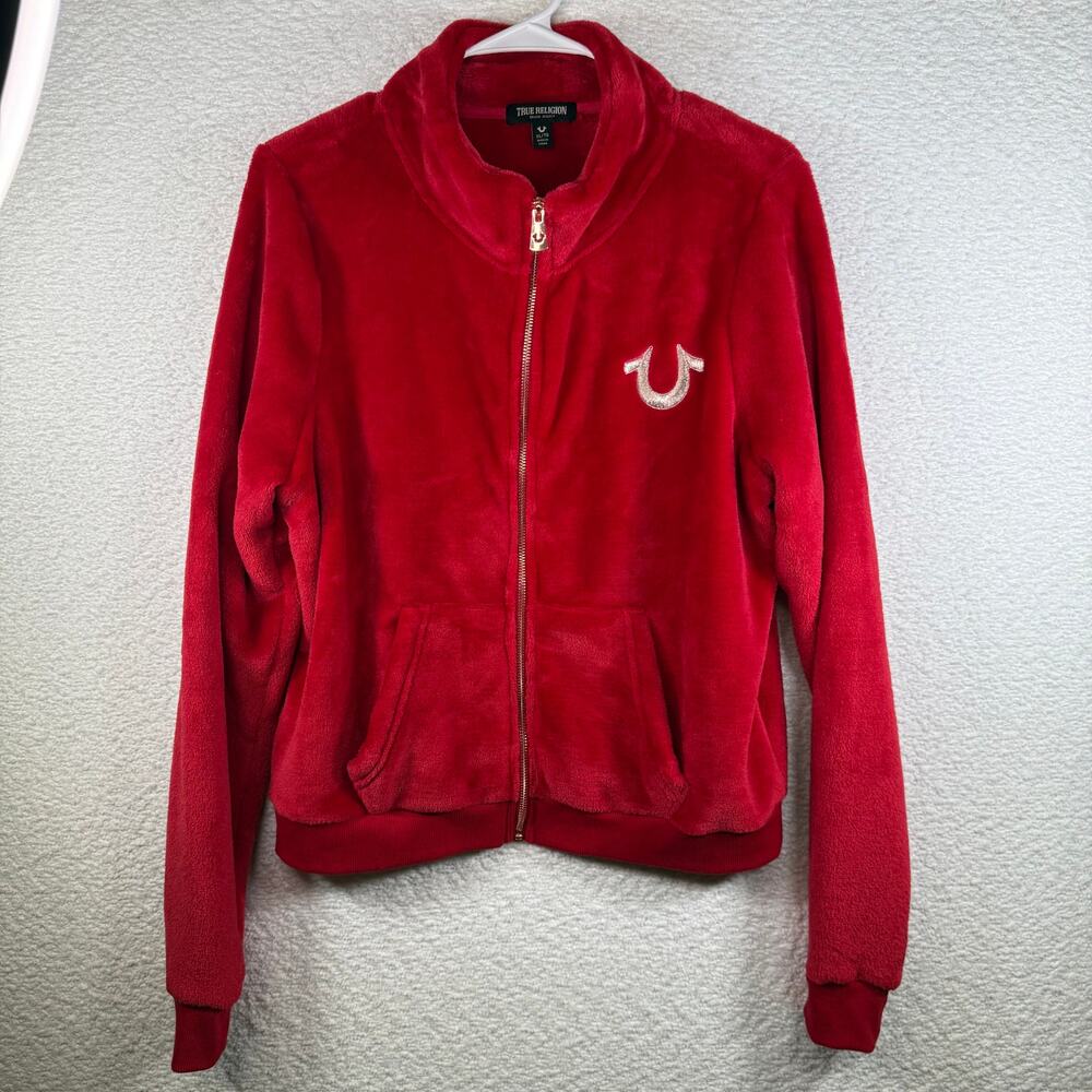 NWT True Religion Women's red Velour Zip Hoodie Sweatshirt and pants size XL